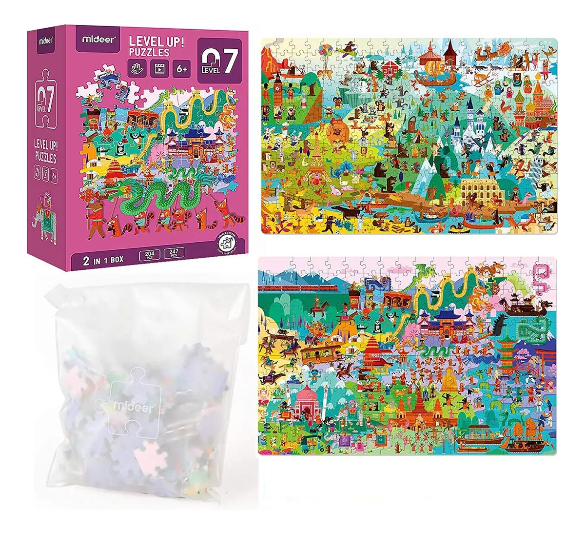 Level Up! Nivel 7: contiene 2 puzles, un mapa ilustrado de Europa y uno de Asia