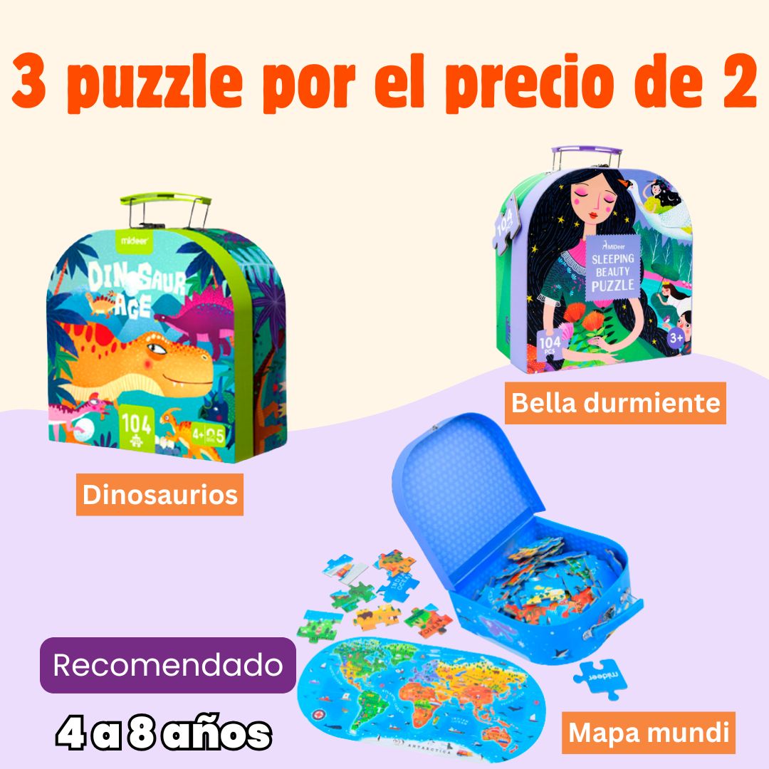 🧩 Pack de 3 x 2 Maletas de Puzzles: Bella durmiente + dinosaurios + Mapa mundi