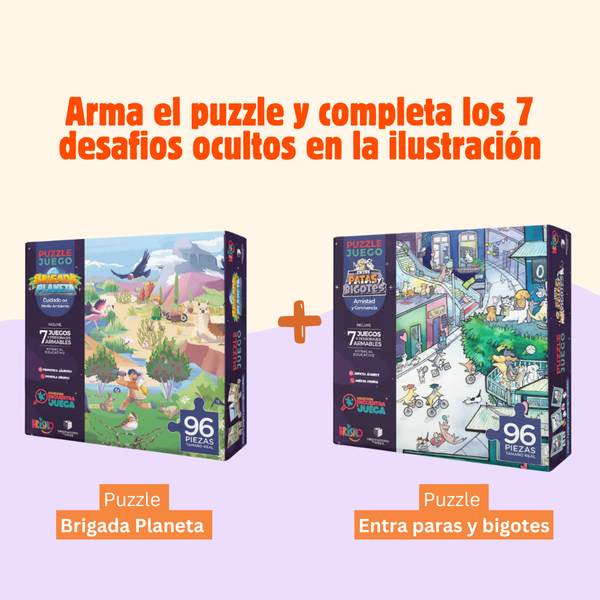 Promo Puzzles: Perritos y Gatitos + Brigada Planeta. No solo se arman: al final aparecen desafíos ocultos.